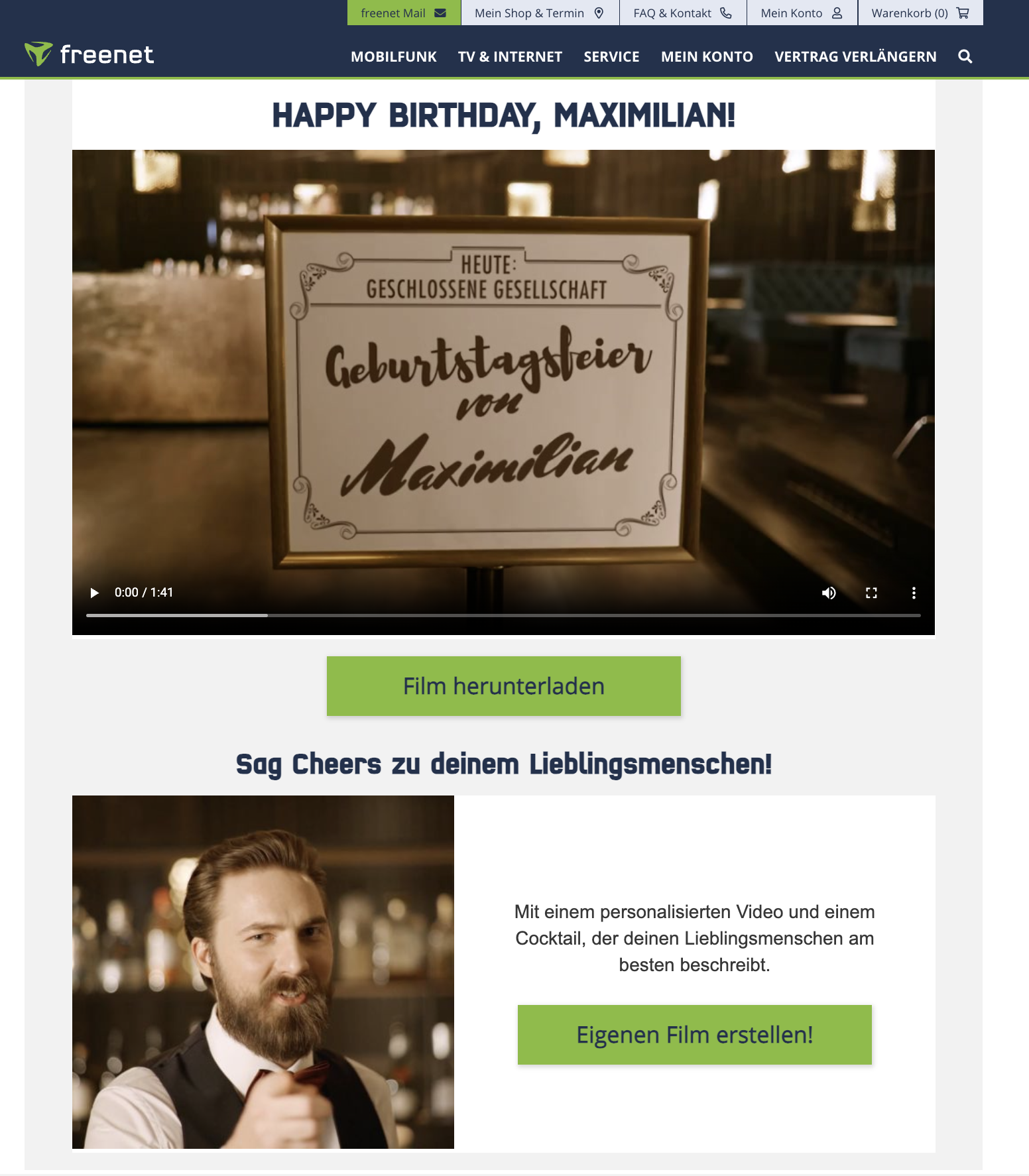 Freenet landing page featuring a personalized birthday video and download button